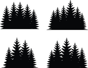 Obraz premium Evergreen tree silhouette illustration set with coniferous forest groups, perfect for nature, landscape, seasonal, outdoor, and decorative artwork design