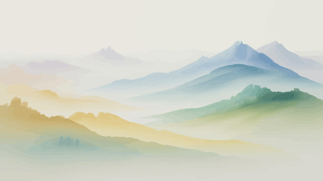 Abstract watercolor mountain range landscape with foggy misty hills and peaks