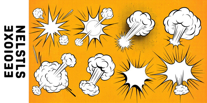 Comic book style explosion effects with white clouds and lines on orange background
