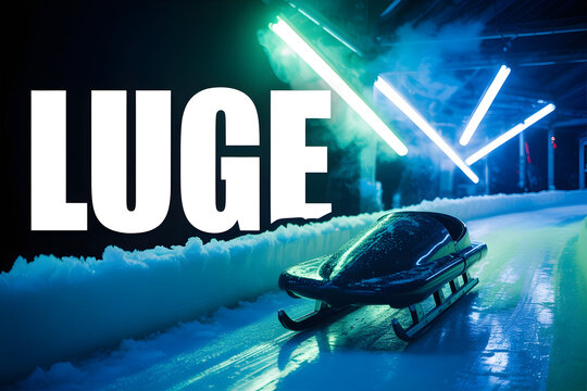 Luge racing sport text on snowy track with bobsled and neon lights dramatic lighting cool atmosphere winter sport competition.