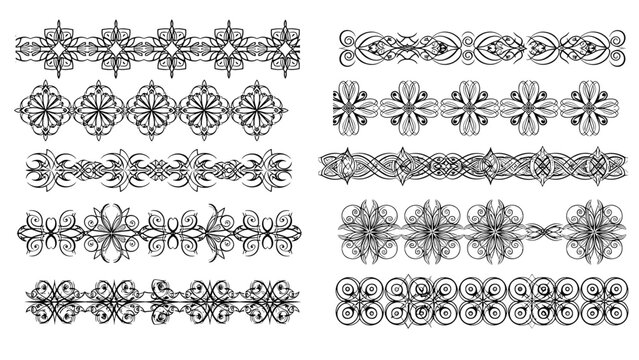 Large set of intricate black and white decorative border designs and patterns for framing documents or artistic projects.