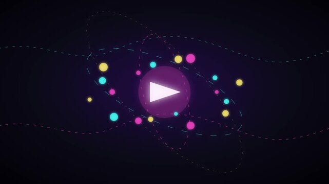 Abstract Play Button Animation with Neon Dots and Dashed Lines