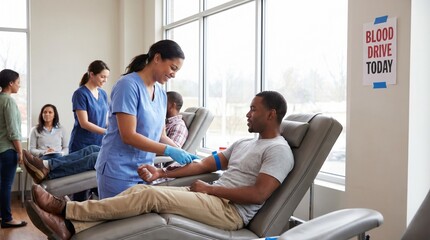 Blood donation process with professional nurse assisting a male donor in a bright medical clinic during a community blood drive for healthcare and saving lives