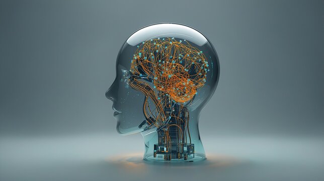 Minimalist glass humanoid robot head with glowing fiber optic neural network cables