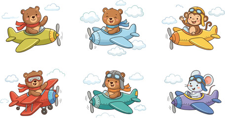 Cute Cartoon Pilot Animals Vector Set Featuring Teddy Bear Monkey and Mouse Characters Flying Retro Monoplanes and Biplanes Through Clouds for Children © Sanjida Creative