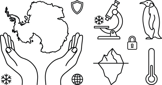 Antarctica ecology and science line art icons set with hands map microscope penguin and iceberg vector illustration