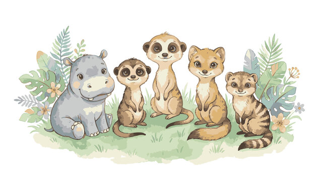 Hand-painted watercolor collection of cute baby safari animals featuring a lion cub, baby giraffe, elephant calf, and zebra foal isolated on white background for nursery art and invitations.