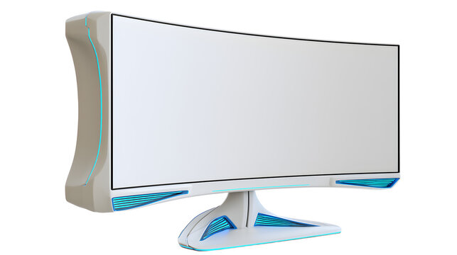 Ultra realistic futuristic gaming monitor with curved ultra wide display and glowing accents, premium tech photography, isolated on white background