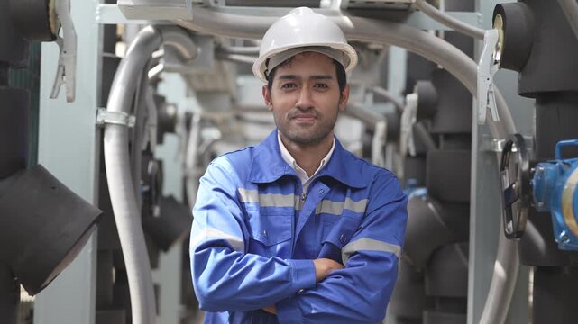 A focused site engineer wearing a hardhat and uniform while using a handheld walkie-talkie to coordinate mechanical system testing inside an industrial building room.