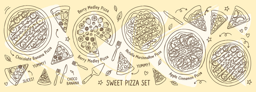 Vector doodle set of whole pizza and slices on a bright yellow background.
