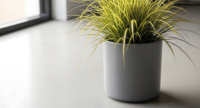 A potted carex evergold sedge plant with variegated yellow and green leaves placed on a minimalist light gray surface near a bright window for home decor