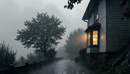 Fototapeta premium emotional night scene with glowing window light and dark calm surroundings, muted neutral palette, cinematic quiet warmth