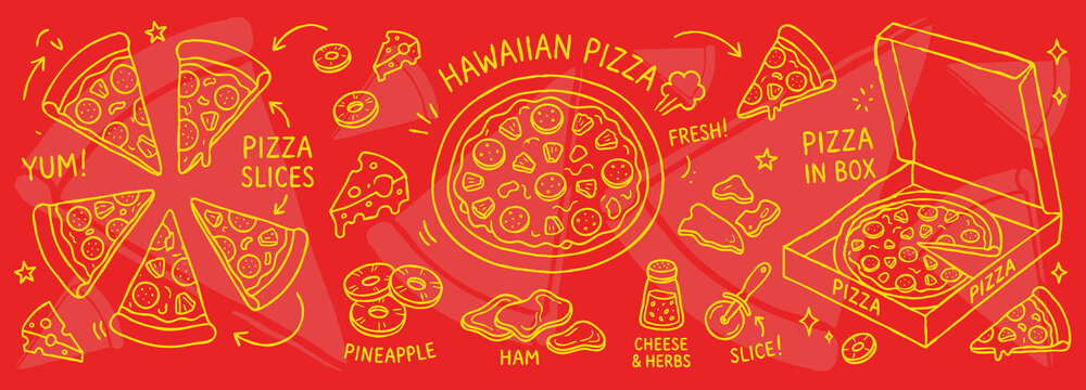 Vector doodle set of whole pizza and slices on a bright yellow background.