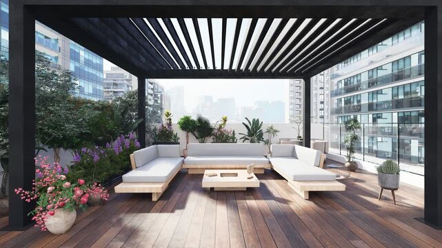 3D illustration slow zoom-in of a Luxury Rooftop Pergola Lounge in a Modern Urban Residential Complex