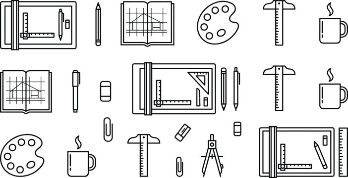 Architecture and design line art elements set with drafting board blueprint t-square vector illustration