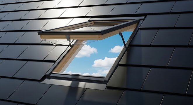 Open Modern Skylight Window Set in Dark Tiled Roof Under Blue Sky
