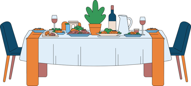 Festive Dinner Table Setting Vector Illustration with Plates of Food Wine Bottle Glasses Chairs and Plant Centerpiece for Restaurant and Family Gathering Designs