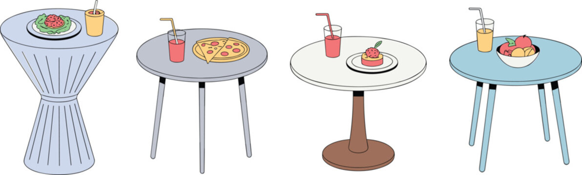 Cafe and Bistro Round Tables Vector Icon Set Featuring Various Food Items Pizza Fruit Dessert Drinks and Smoothies for Restaurant Menu Graphic Designs