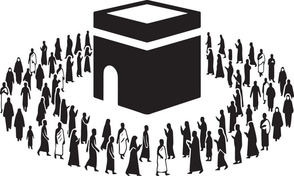 Holy Kaaba and Pilgrims Performing Tawaf Silhouettes