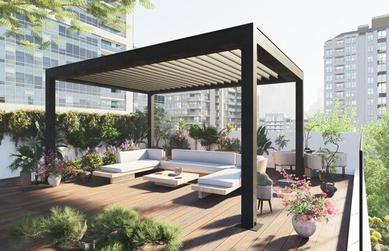 3D illustration Horizontal pull of a rooftop pergola between skyscrapers