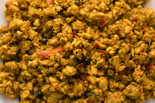 Homemade Khua Kling minced chicken, authentic Southern Thai cuisine with spicy dry curry style, rich herbal aroma and bold flavor from traditional Thai spices, appetizing appearance