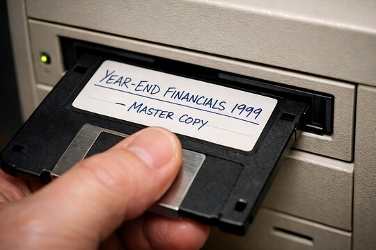 Hand Inserting Floppy Disk with "Year-End Financials 1999" Label