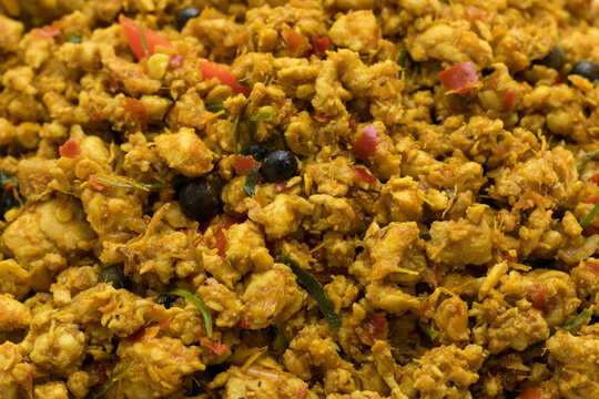 Homemade Khua Kling minced chicken, authentic Southern Thai cuisine with spicy dry curry style, rich herbal aroma and bold flavor from traditional Thai spices, appetizing appearance