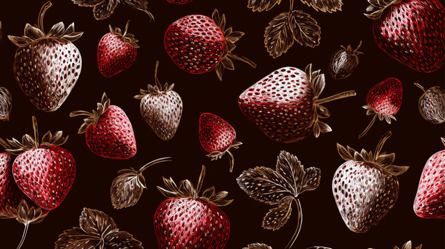 Elegant vintage strawberry seamless pattern with butterflies on dark background, ideal for textile, packaging, wallpaper, and kitchen decor.