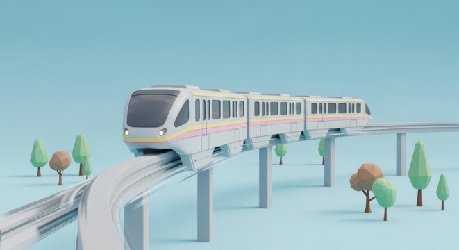 Modern monorail train traveling on elevated track with public transport
