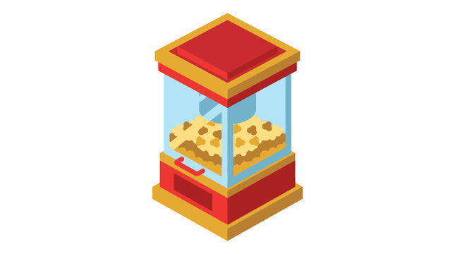 3d isometric illustration of a vintage style popcorn vending machine with transparent glass sides showcasing freshly popped popcorn vibrant red and yellow colors detailed textures