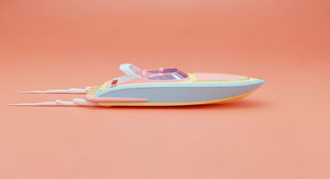 Colorful toy speed boat model on peach background with colorful, miniature