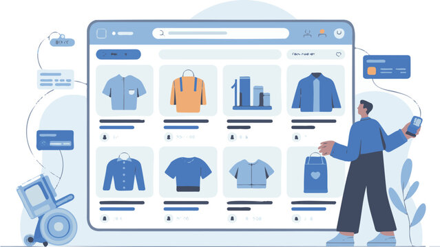 Flat vector illustration of a customer navigating a product catalog on a large screen, isolated on transparent background design.
