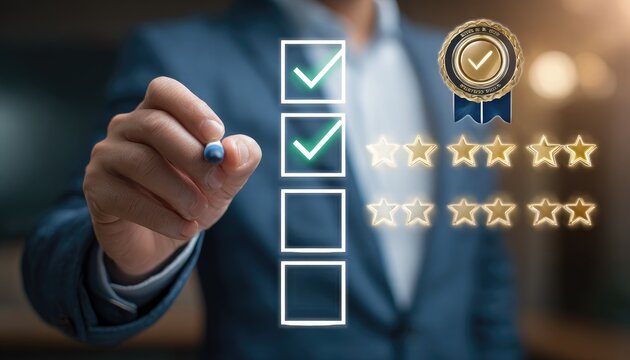 Person checking boxes on a checklist, receiving four-star rating