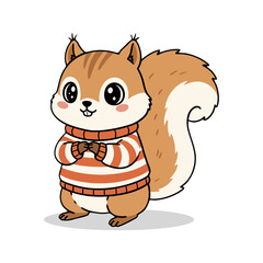 Fototapeta premium Cute cartoon squirrel wearing a cozy striped sweater and holding paws in front, isolated on white background, whimsical animal illustration