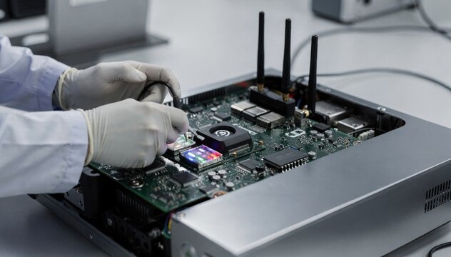 Medium shot of a technician configuring a WiFi enabled IoT diagnostics port showcasing wireless communication modules for seamless remote device monitoring.