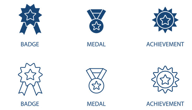 Award badge icon set, badge, medal, achievement, line and filled style flat vector illustration. 