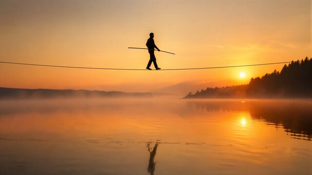 Balancing Act at Sunset Over Water