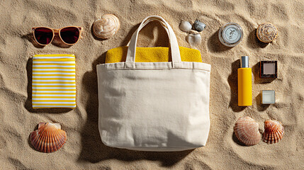 Beach essentials arranged on sand including a tote bag, sunglasses, towel, sunscreen, and seashells, creating a vibrant summer vacation scene © Oksana