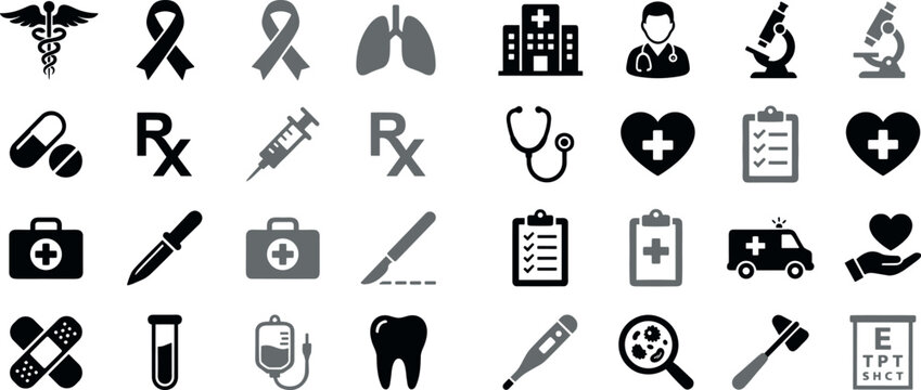 Medical and Healthcare Solid Glyph Icon Set with Doctor Caduceus Stethoscope Ambulance Microscope and Pharmacy Rx Symbols for Hospital Applications and Websites