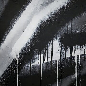A black and white abstract painting with streaks and drips