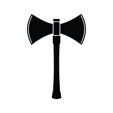 Two crossed axes depicted in simple black and white graphic illustration, double axe medieval icon silhouette vector graphic pictogram symbol clip art, crossed battleaxe with spike flat icon for games