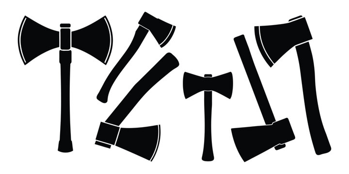 Two crossed axes depicted in simple black and white graphic illustration, double axe medieval icon silhouette vector graphic pictogram symbol clip art, crossed battleaxe with spike flat icon for games