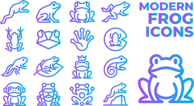 Modern frog icons set collection jumping swimming sitting singing playing dancing and resting illustration.