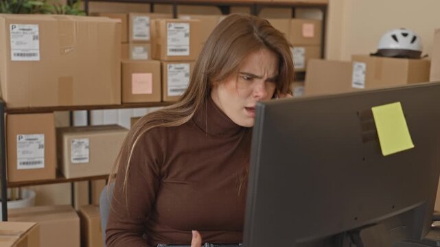 Woman on phone holding smartphone with hand to head and gesturing at computer monitor amid stacked parcels and boxes in a storage building; frustration urgency.