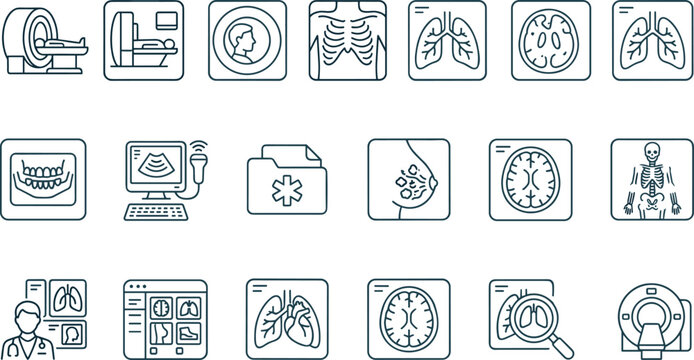 Medical Imaging and Radiology Icon Set Featuring MRI, CT Scans, X-Rays, Lungs, Brain, Skeleton, Ultrasound, Patient Files, and Diagnostic Symbols for Digital Design