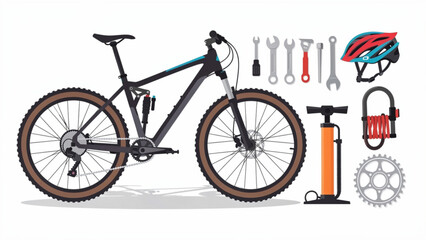 Fototapeta premium Road Bicycle with Gear, Helmet, Tools, and Pump for Urban Cycling and Repair
