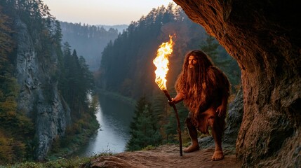 Fototapeta premium Caveman with Torch in Scenic Landscape