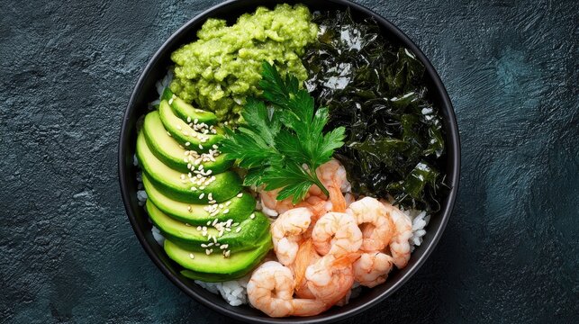Vibrant bowl of rice topped with avocado, shrimp, seaweed, and herbs