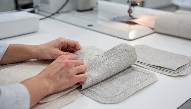Fabricbased biodegradable electrode pads being crafted in a clean industrial setting emphasizing skinsafe materials and textile integration for medical applications.