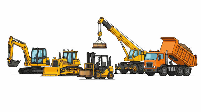 Collection of construction vehicles and heavy machinery for building industry.